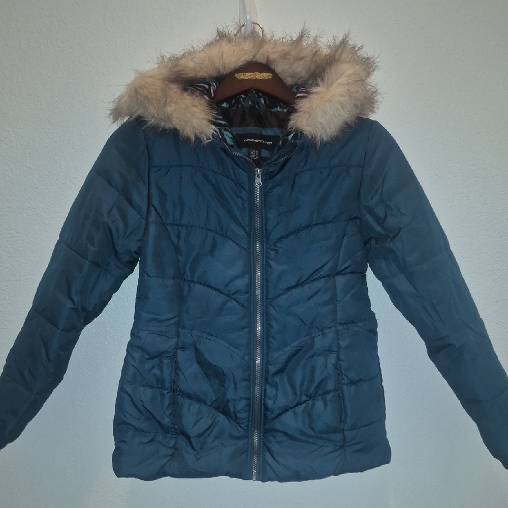 Girls  Blue Puffer Jacket with Faux Fur Hood
